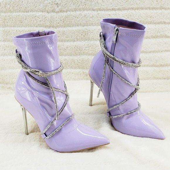 Lilac Purple Stretch Patent High Heel Ankle Boots with Rhinestone Straps - Picture 1 of 14
